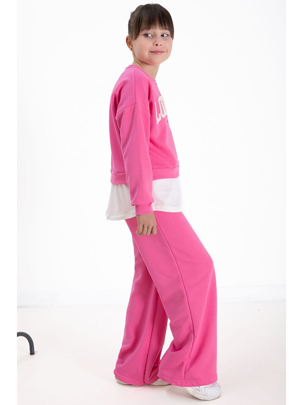 Pembe London Yazılı Nakışlı Kız Çocuk Geniş Paça Eşofman Takımı 22724-2