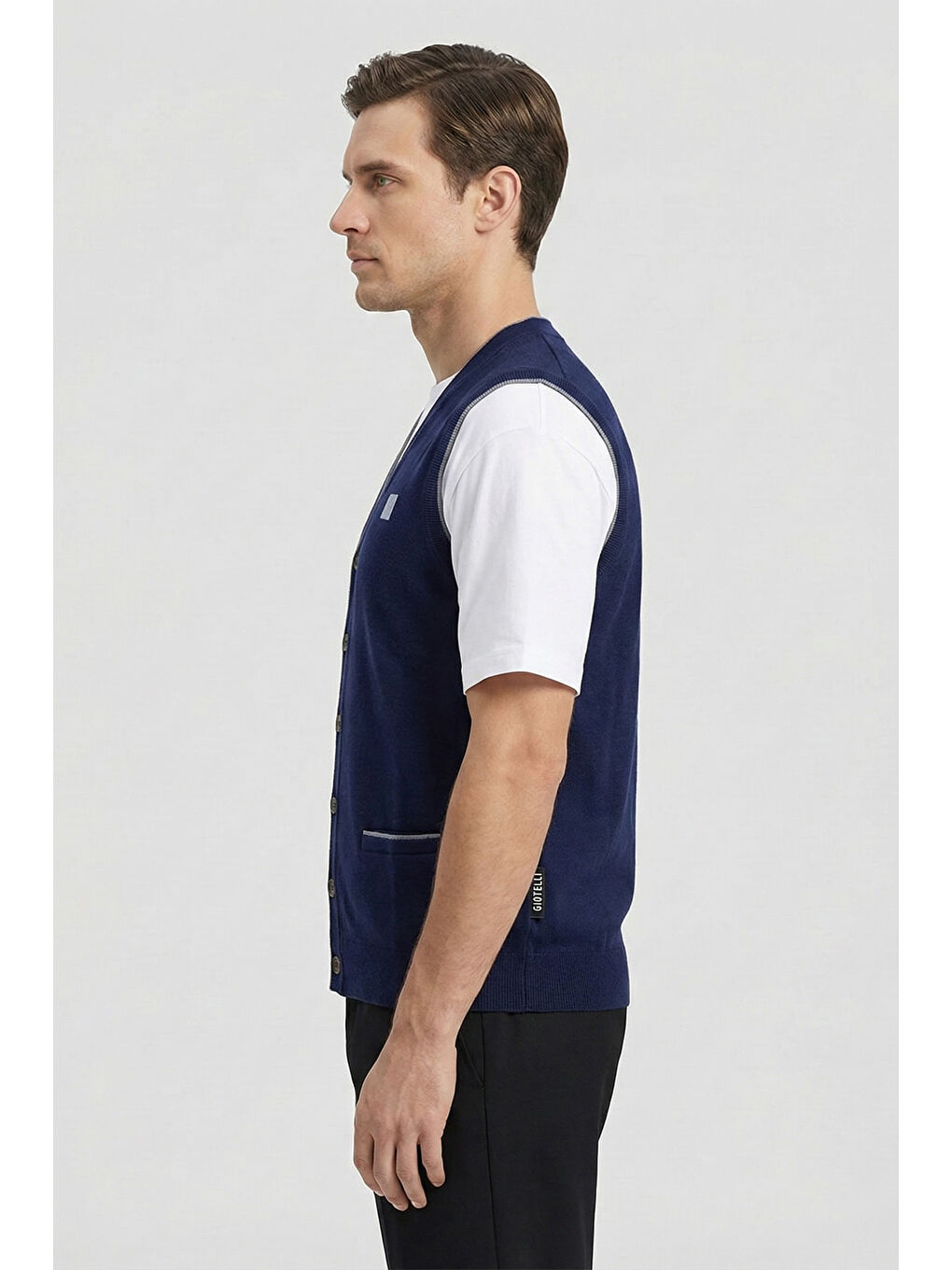 Giotelli Erkek Lacivert-Gri Standart Fit Yün Karışımlı V Yaka Düğmeli Triko Yelek-2