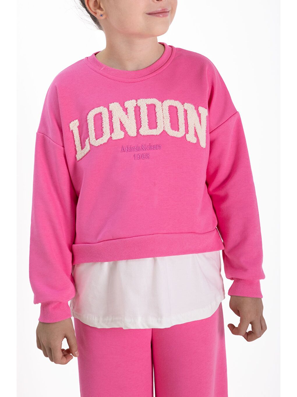 Pembe London Yazılı Nakışlı Kız Çocuk Geniş Paça Eşofman Takımı 22724-3