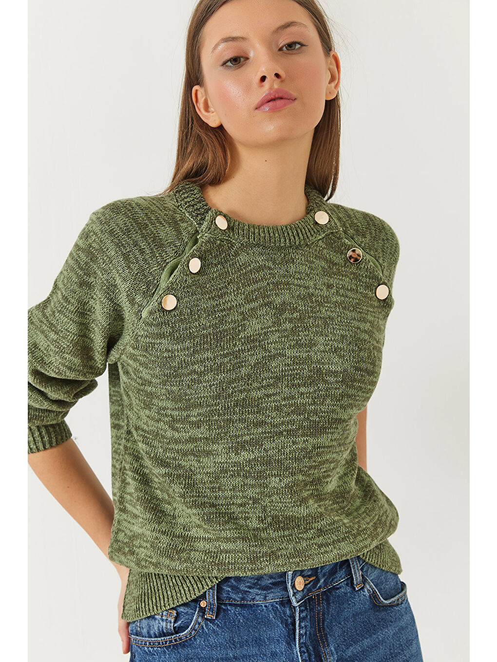 Haki Kadın Patlı Reglanlı Triko Kazak