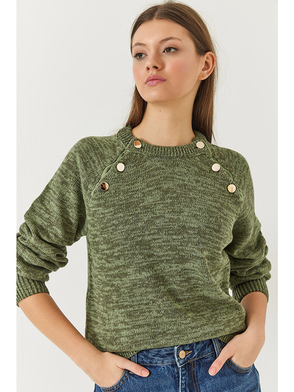 Haki Kadın Patlı Reglanlı Triko Kazak-1