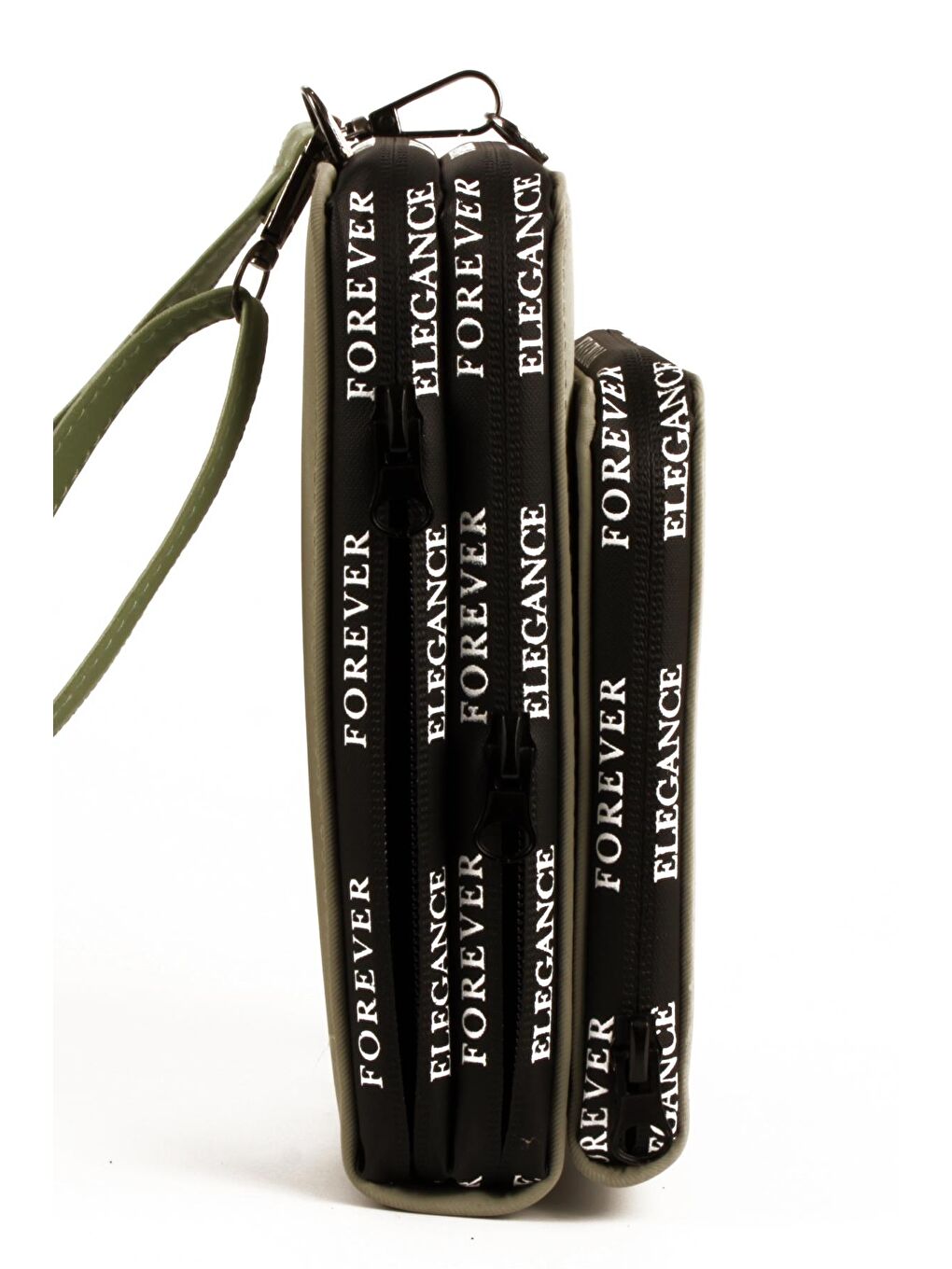 Haki Kadın Üç Bölmeli Kartlıklı Telefon Bölmeli Destekli Kasa Yazı Detaylı Omuz Çantası (10770)-4