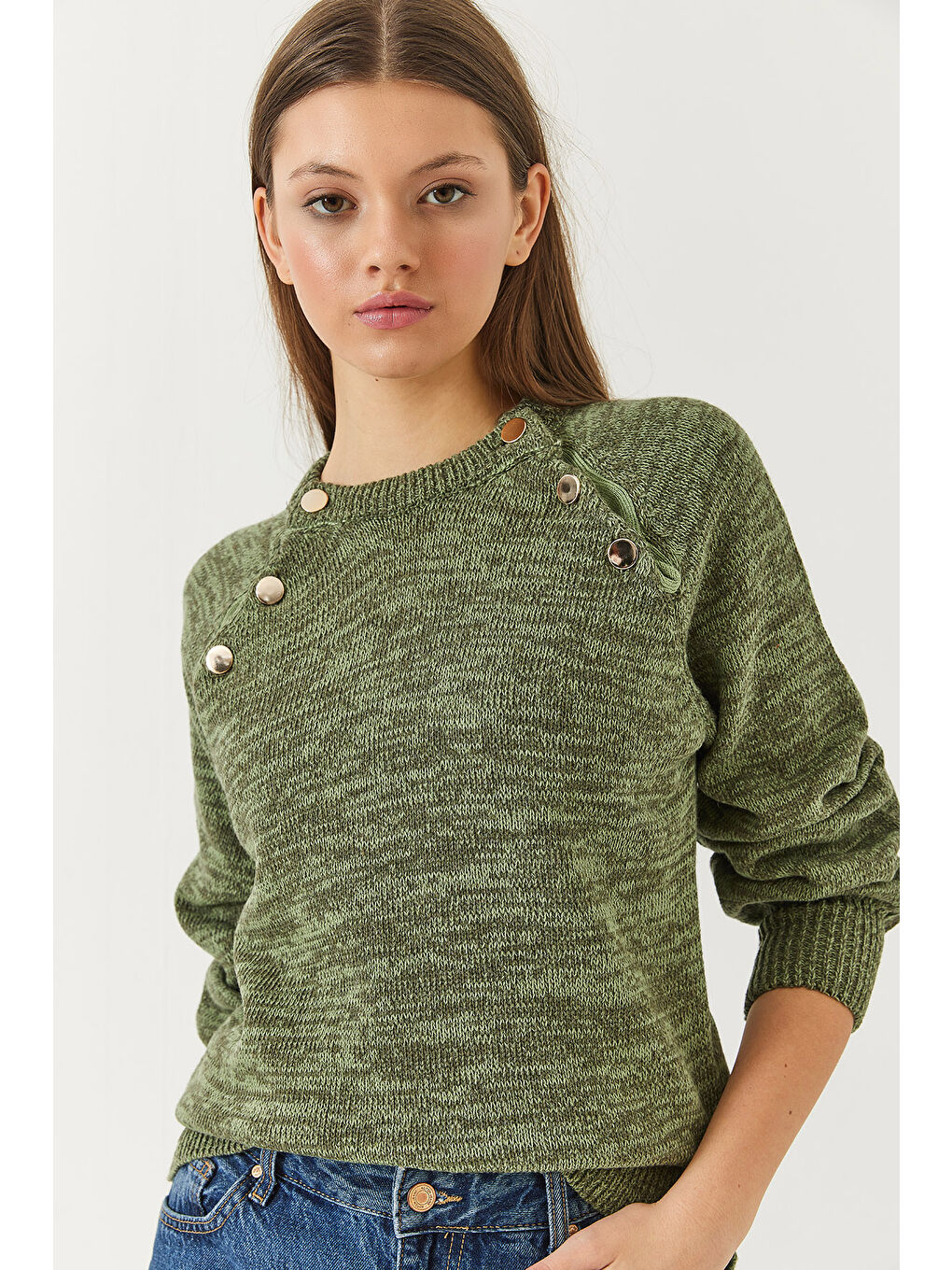 Haki Kadın Patlı Reglanlı Triko Kazak-2