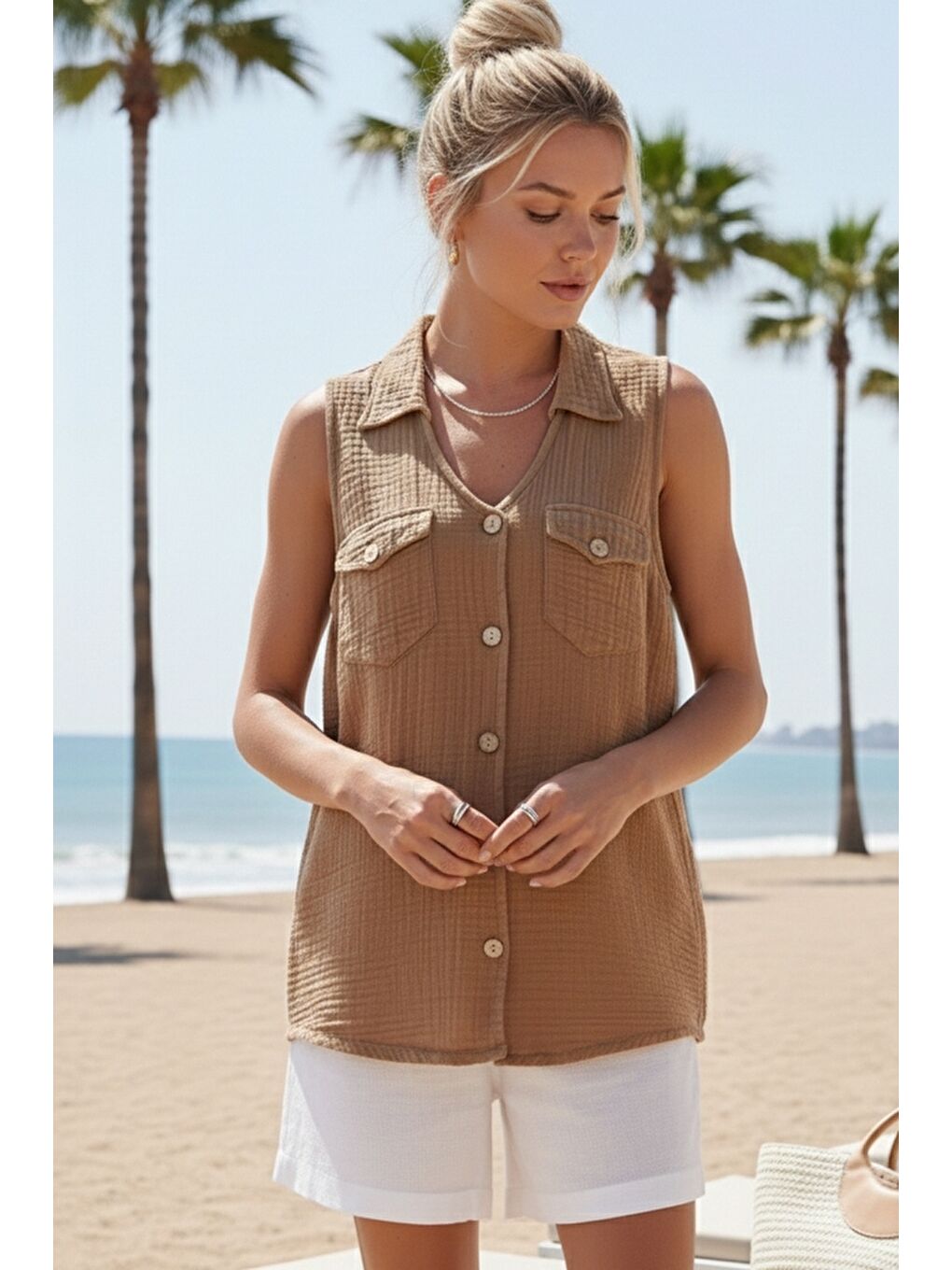 Kahverengi Tarçın Rengi Gömlek Yaka Kolsuz Düğmeli Çift Kapaklı Cepli Yıkamalı Casual Müslin Dokuma Bluz 62 55-3