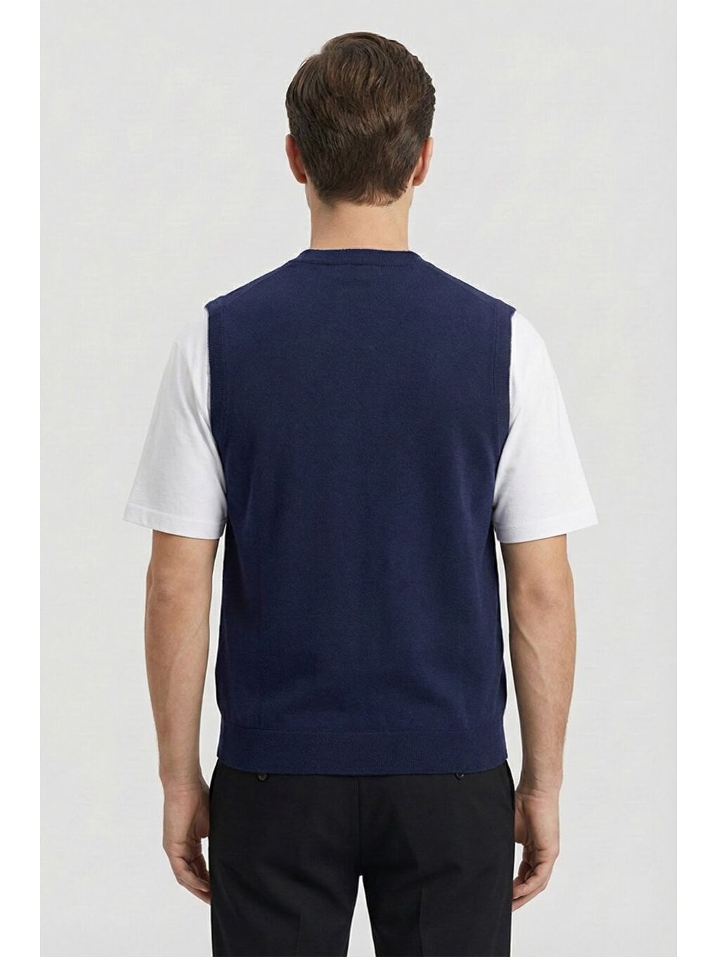 Giotelli Erkek Lacivert-Gri Standart Fit Yün Karışımlı V Yaka Düğmeli Triko Yelek-3