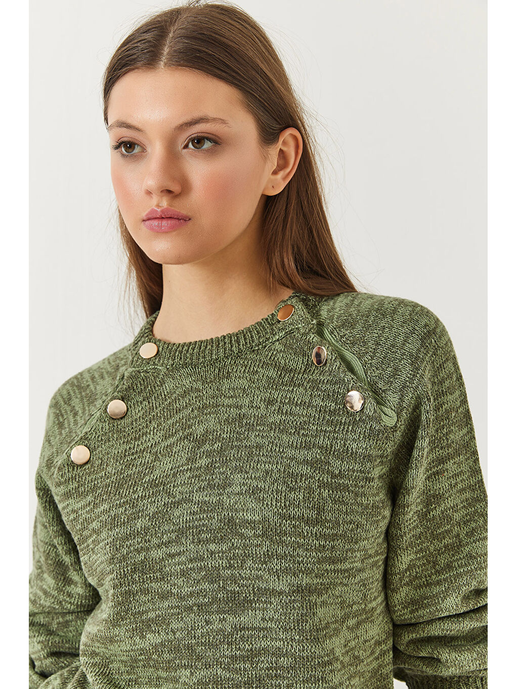 Haki Kadın Patlı Reglanlı Triko Kazak-3