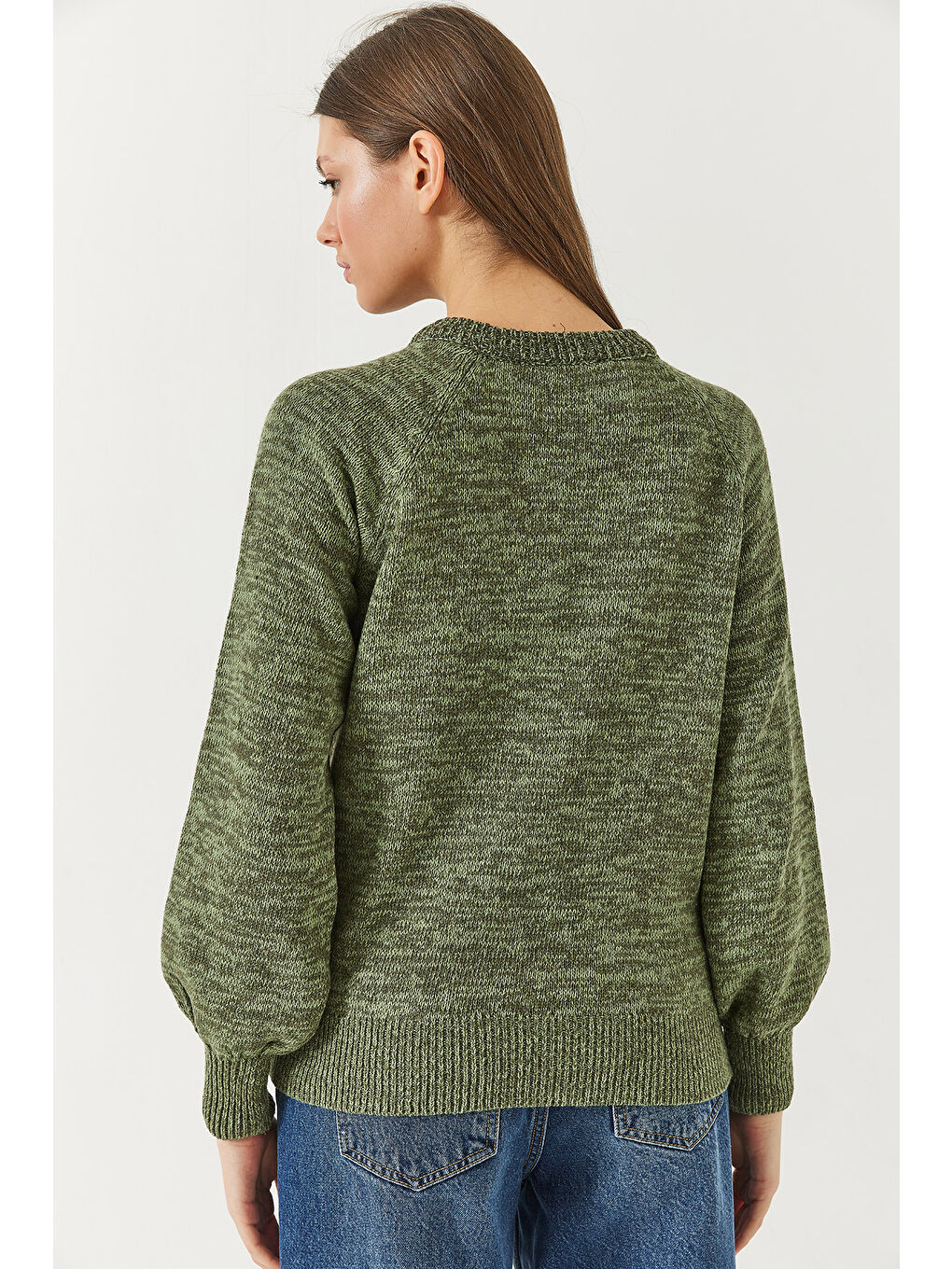 Haki Kadın Patlı Reglanlı Triko Kazak-4