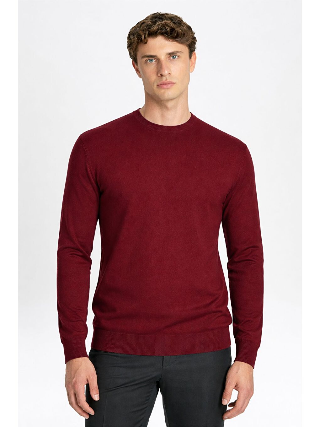 Açık Bordo Standart Fit Yün Karışımlı Bisiklet Yaka Düz Erkek Triko Kazak