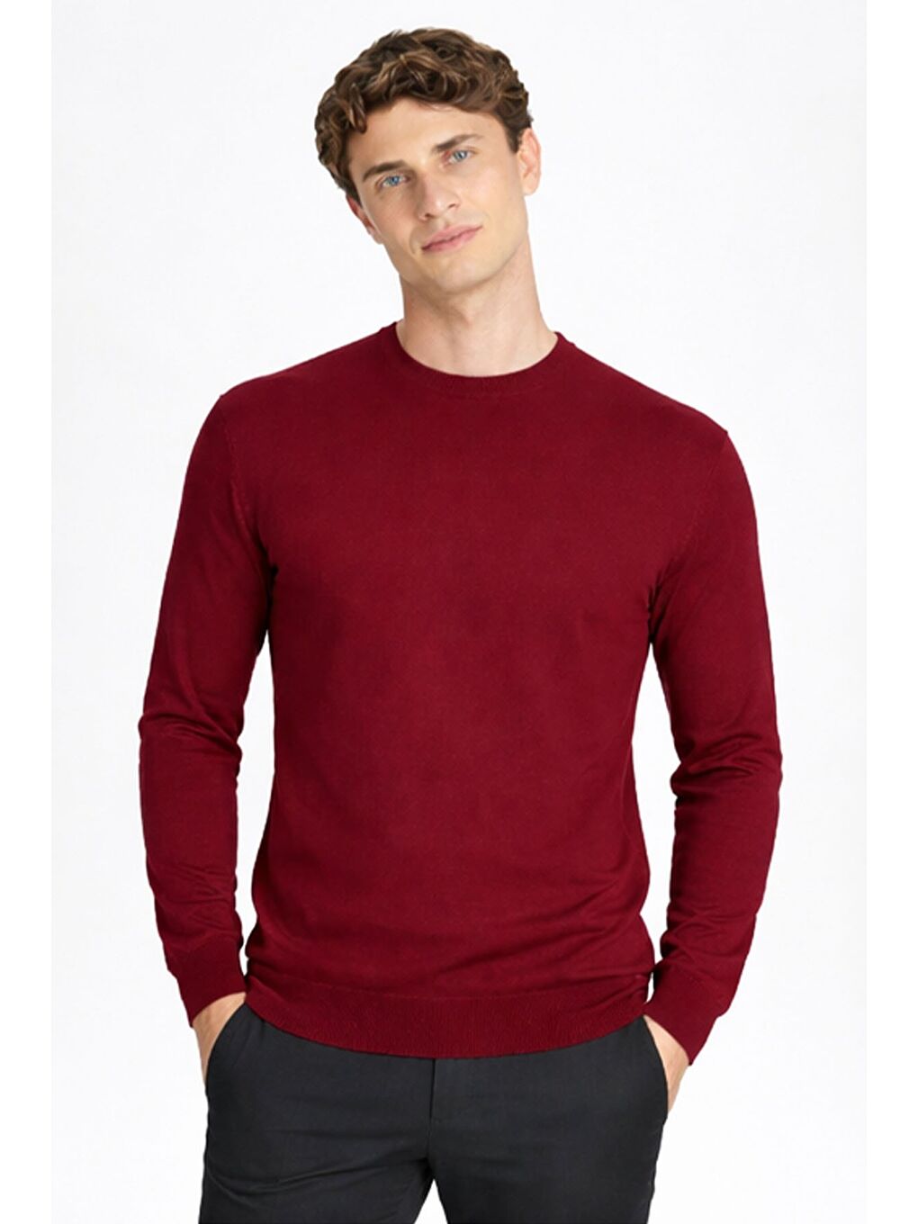 Açık Bordo Standart Fit Yün Karışımlı Bisiklet Yaka Düz Erkek Triko Kazak-1