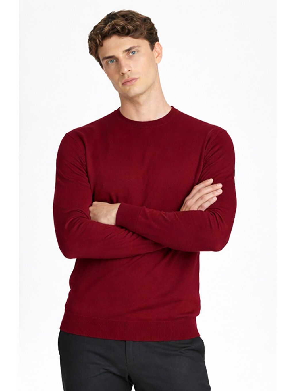 Açık Bordo Standart Fit Yün Karışımlı Bisiklet Yaka Düz Erkek Triko Kazak-2