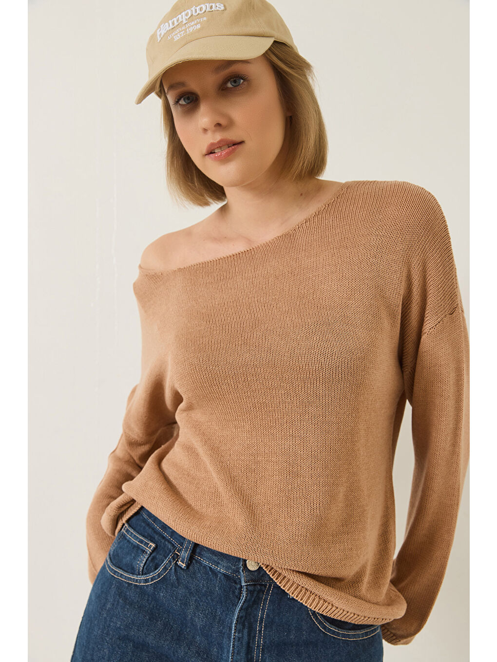 Bej Kadın Kayık Yaka Triko Merserize Basic Bluz