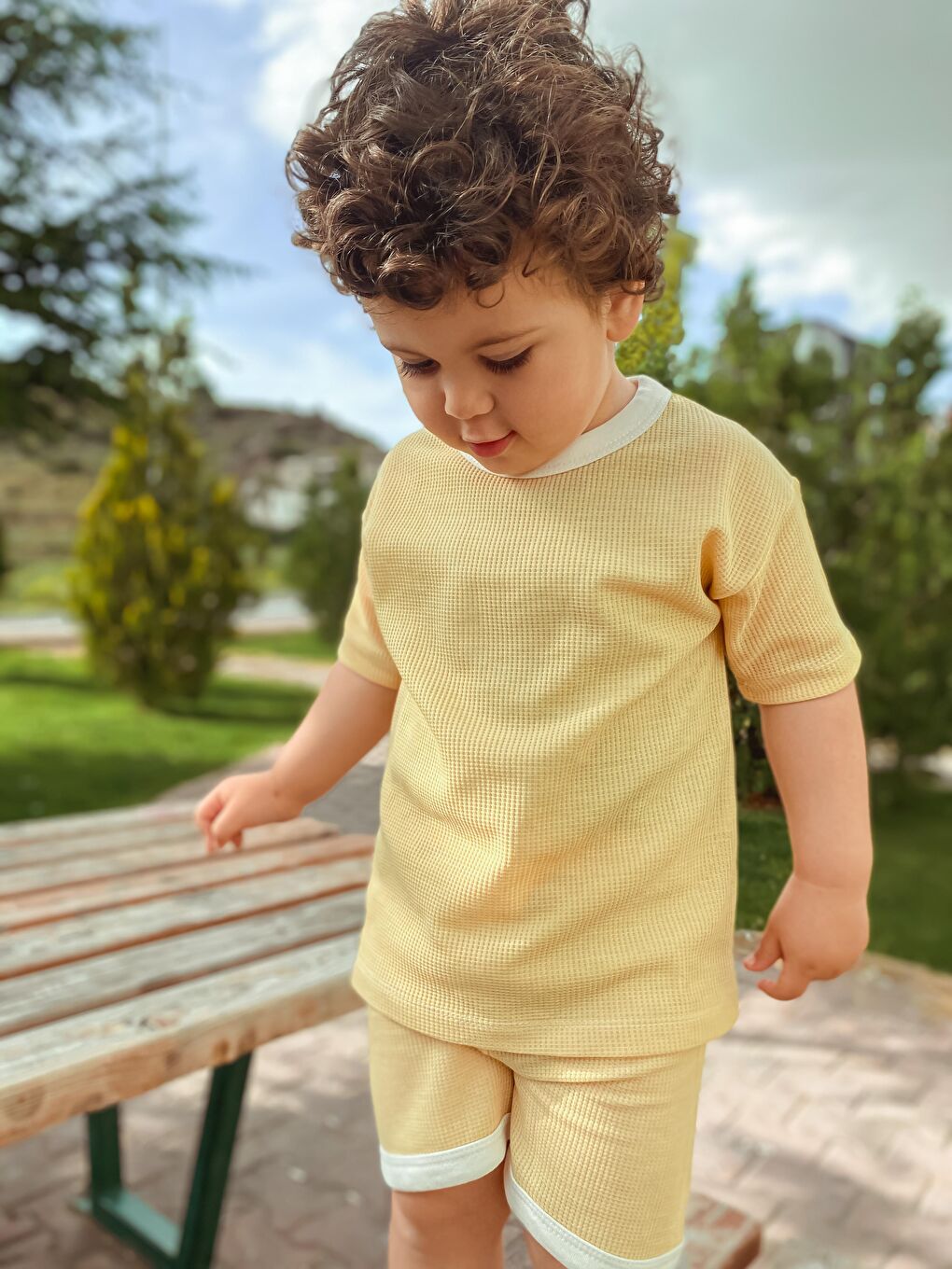 Sarı Oversize Waffle Takım-9