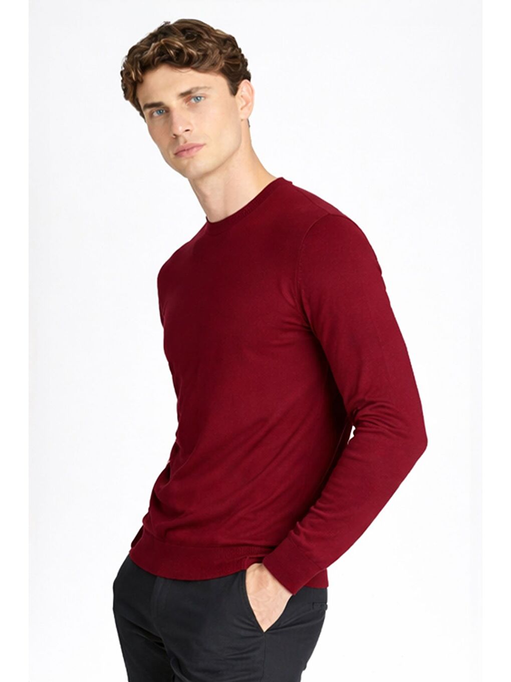 Açık Bordo Standart Fit Yün Karışımlı Bisiklet Yaka Düz Erkek Triko Kazak-3