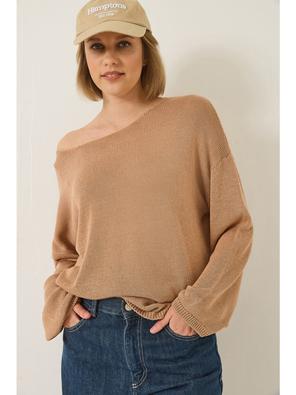 Bej Kadın Kayık Yaka Triko Merserize Basic Bluz-1