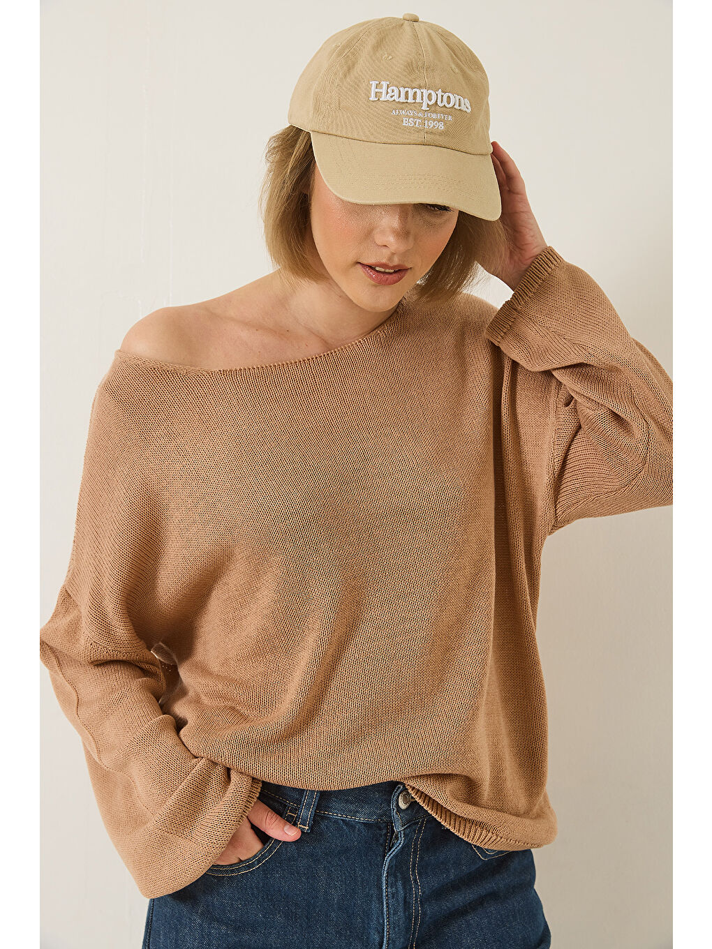 Bej Kadın Kayık Yaka Triko Merserize Basic Bluz-2