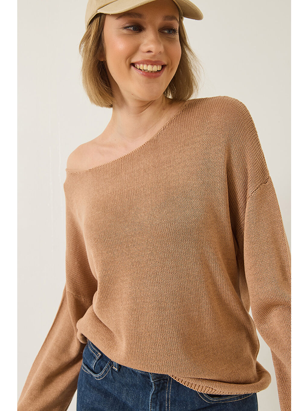 Bej Kadın Kayık Yaka Triko Merserize Basic Bluz-3