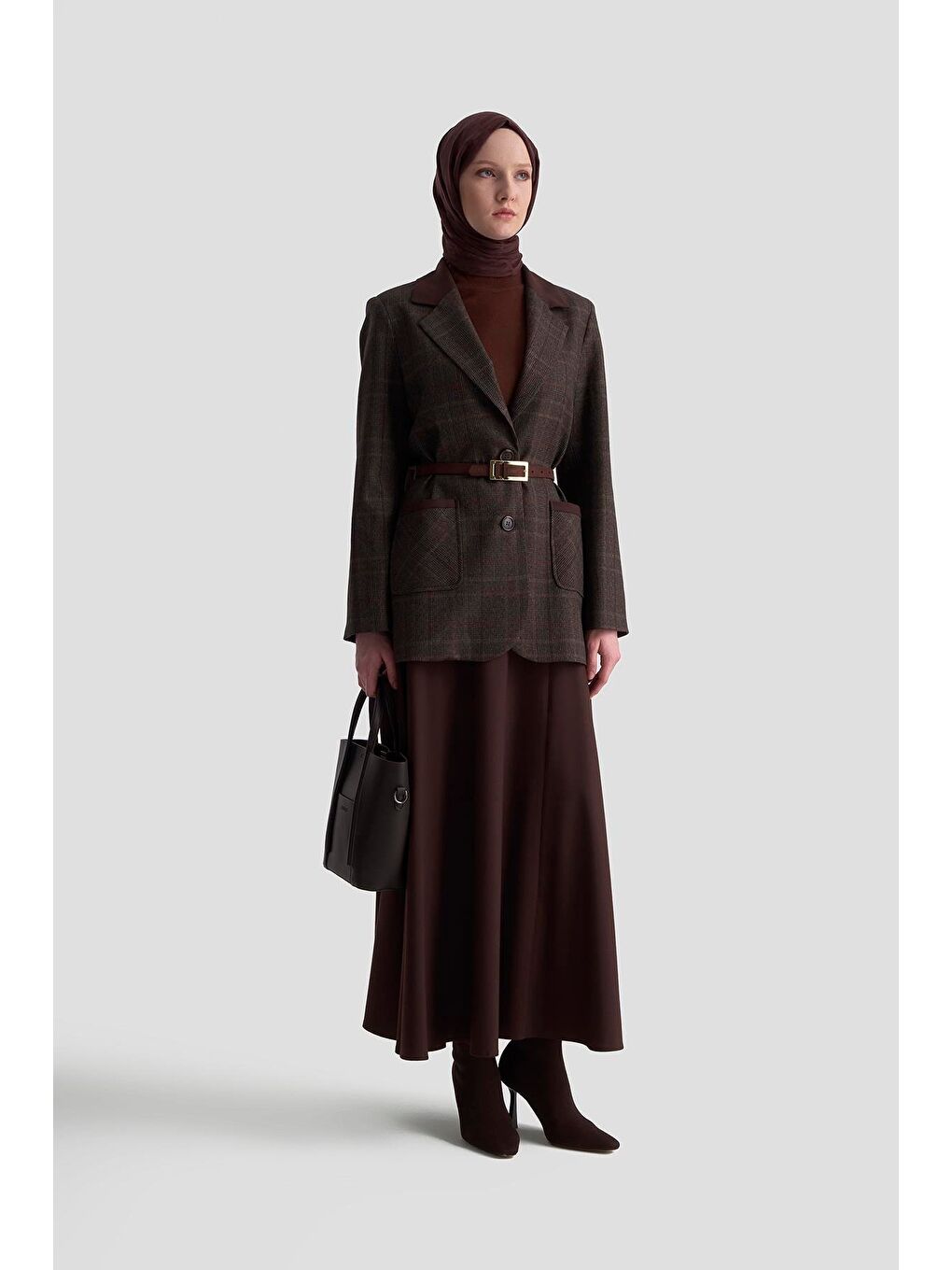 Kahverengi Ekose Desenli Blazer Takım 25Kd1704  Acı Kahve-1