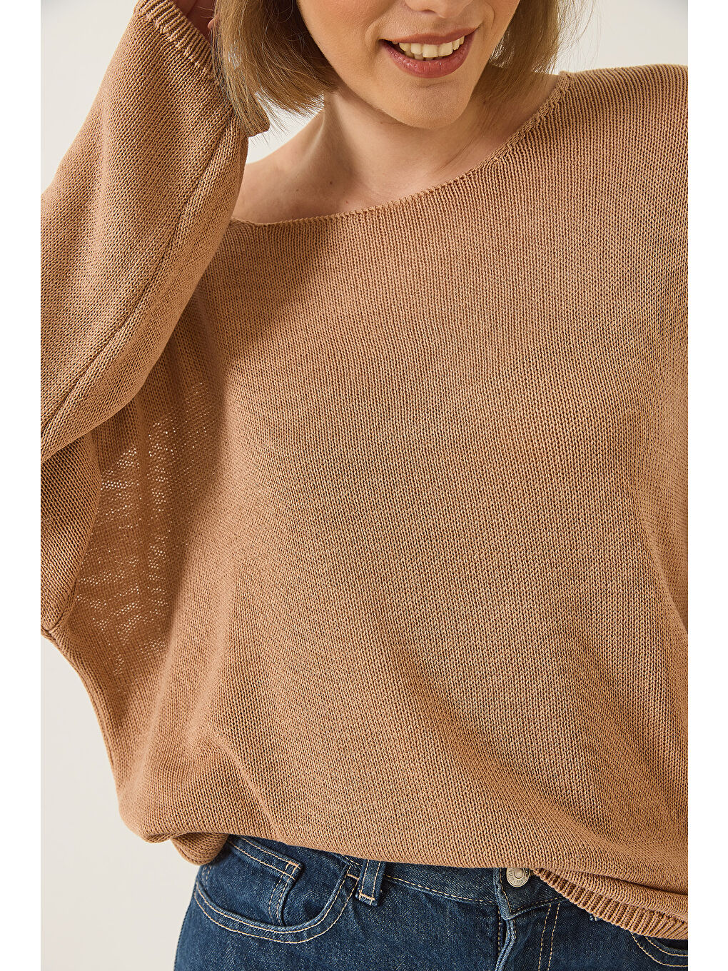 Bej Kadın Kayık Yaka Triko Merserize Basic Bluz-4