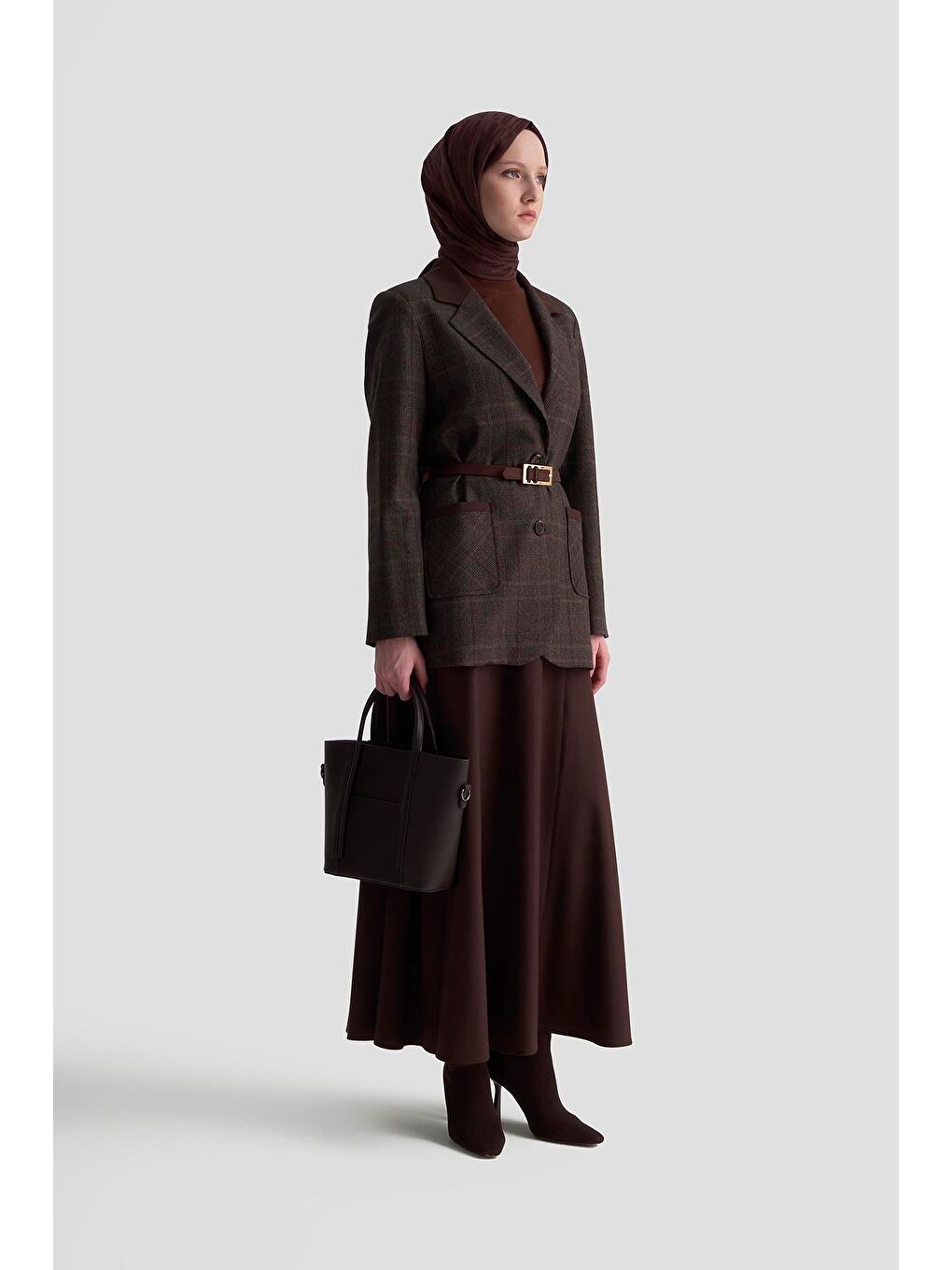 Kahverengi Ekose Desenli Blazer Takım 25Kd1704  Acı Kahve-2