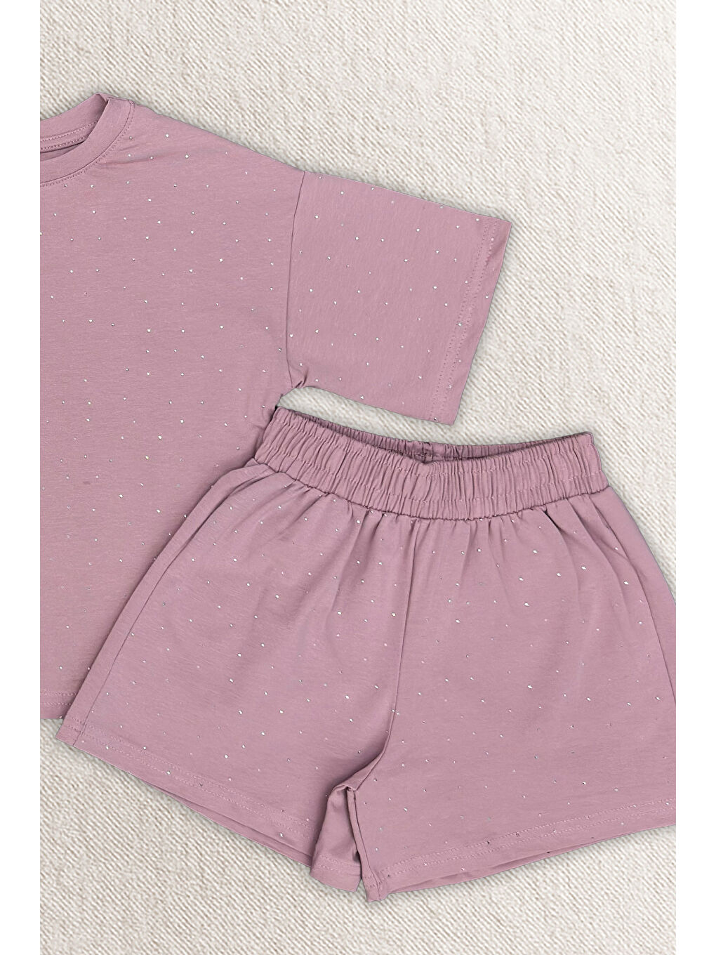Pembe Kız Çocuk Taş Süslemeli Şortlu Alt-Üst Takım 4-12 Yaş 12561-2
