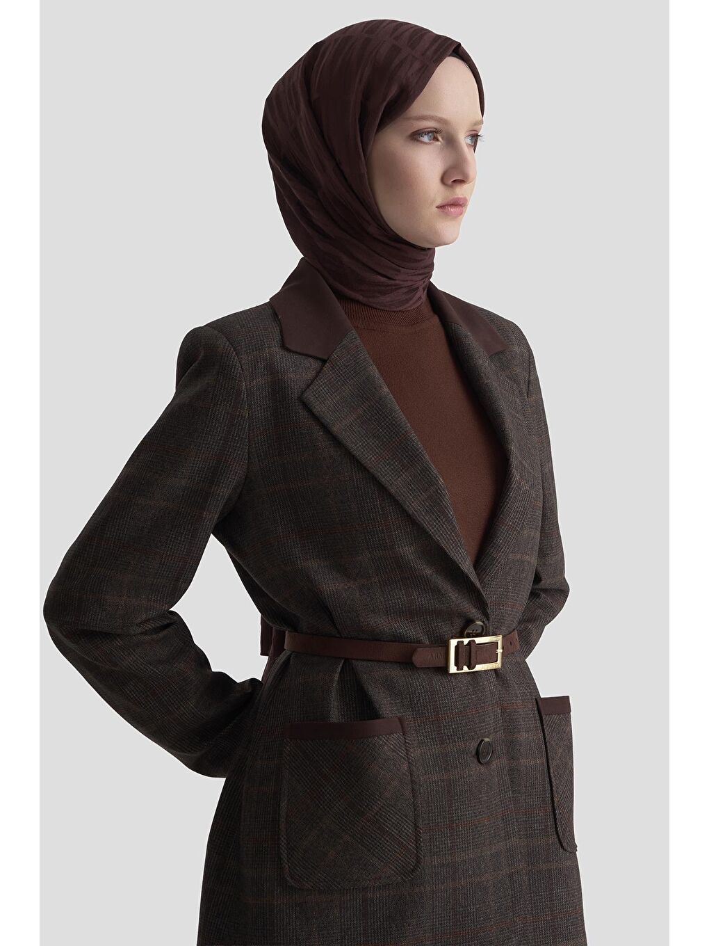 Kahverengi Ekose Desenli Blazer Takım 25Kd1704  Acı Kahve-3