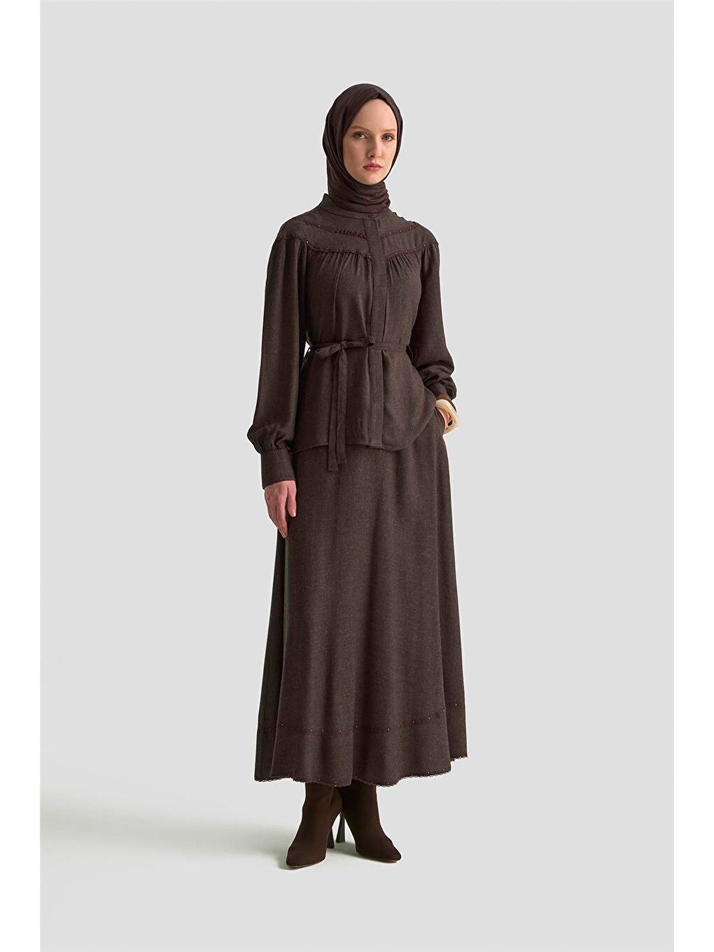 Kahverengi Dantel Şeritli Etekli Takım 25K6134 Acı Kahve