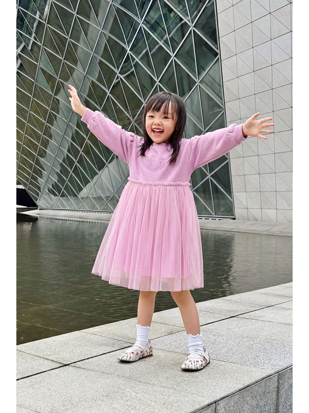 Karışık Kız Çocuk Pamuklu Lila Fiyonklu Nakışlı Tül Etek Elbise Takım - Uzun Kollu