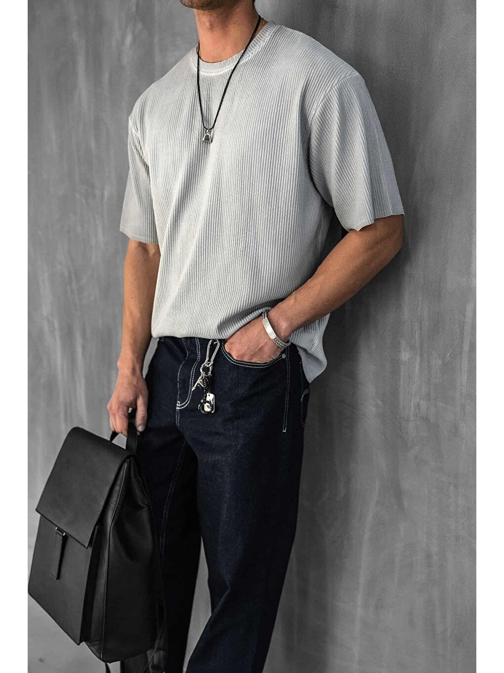 Erkek Yıkamalı Fitilli Oversize Tişört Gri-1