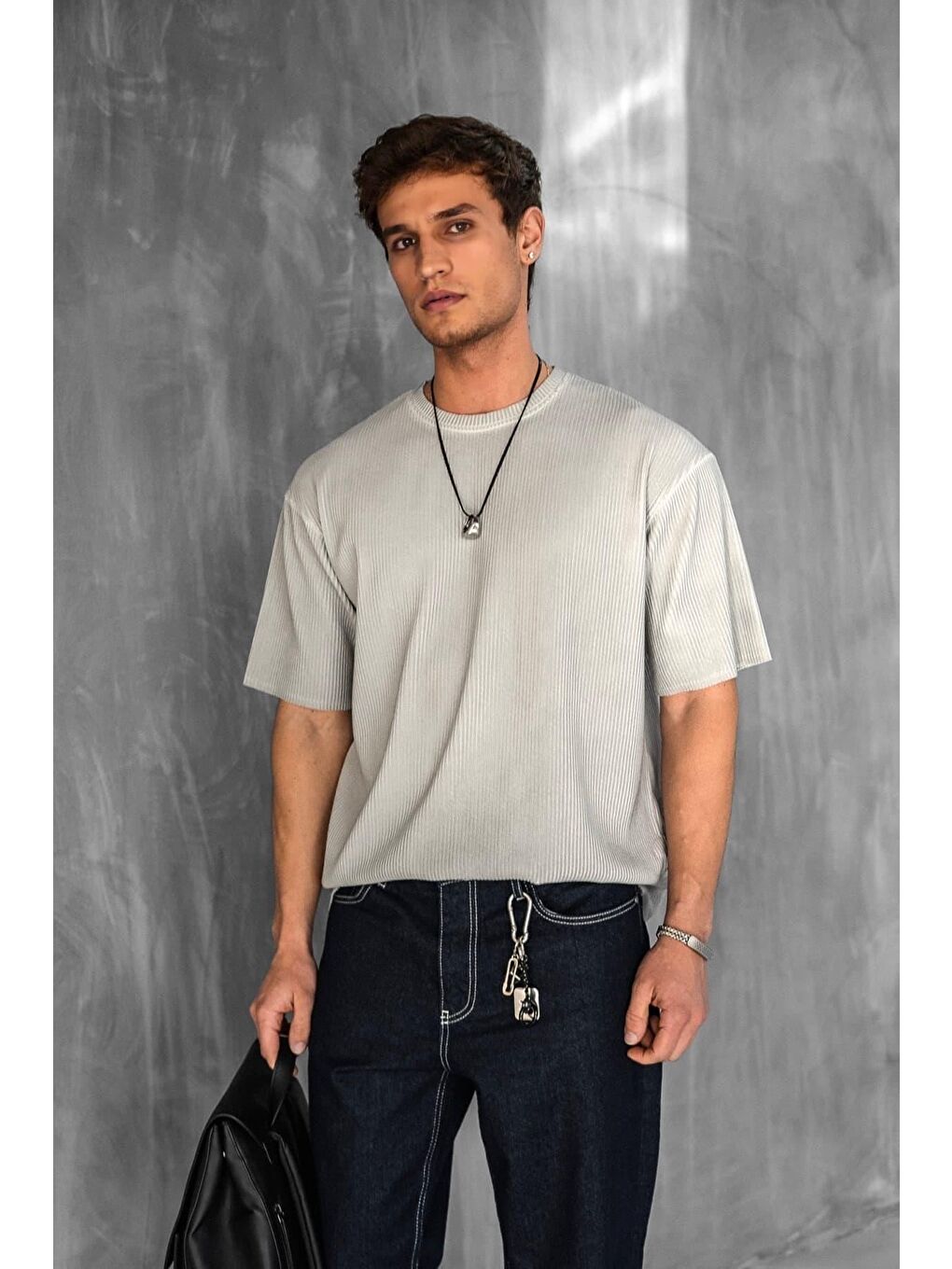 Erkek Yıkamalı Fitilli Oversize Tişört Gri-2