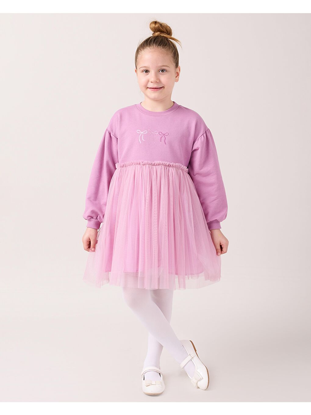 Karışık Kız Çocuk Pamuklu Lila Fiyonklu Nakışlı Tül Etek Elbise Takım - Uzun Kollu-1
