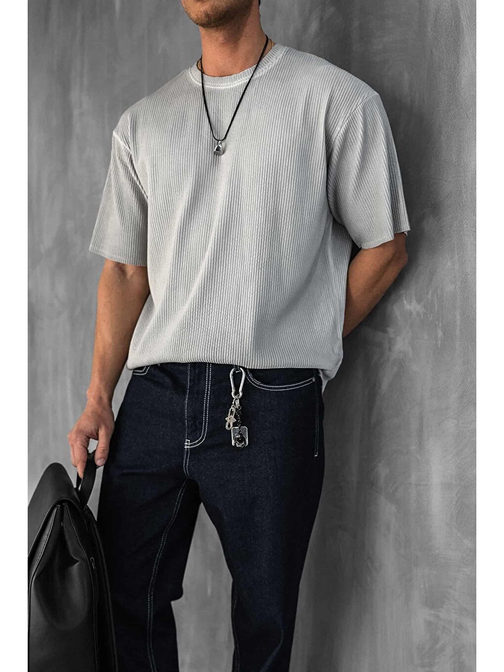 Erkek Yıkamalı Fitilli Oversize Tişört Gri-3