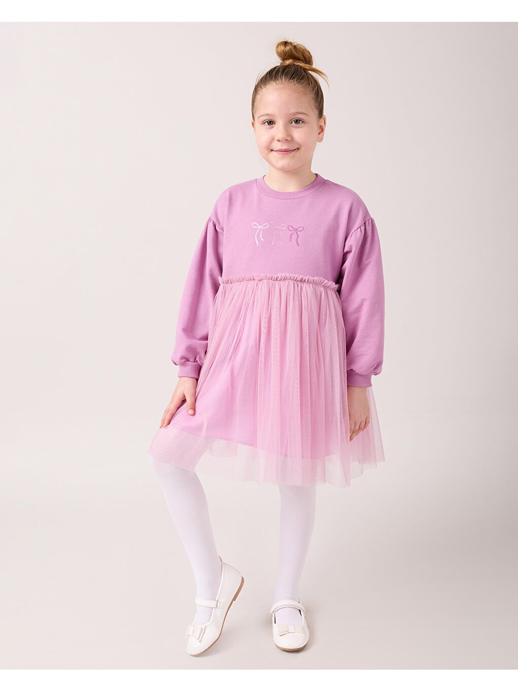 Karışık Kız Çocuk Pamuklu Lila Fiyonklu Nakışlı Tül Etek Elbise Takım - Uzun Kollu-2