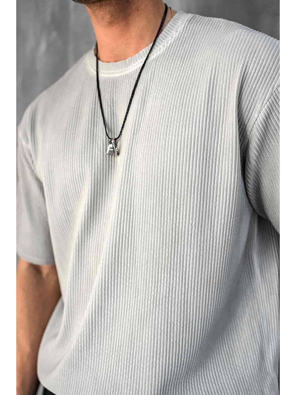 Erkek Yıkamalı Fitilli Oversize Tişört Gri-4