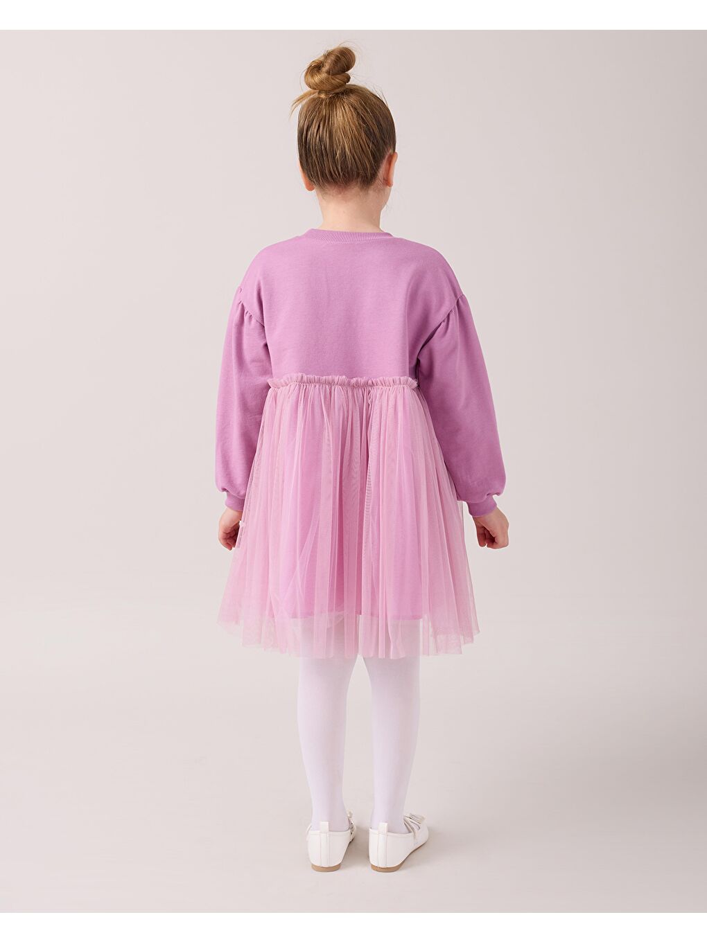 Karışık Kız Çocuk Pamuklu Lila Fiyonklu Nakışlı Tül Etek Elbise Takım - Uzun Kollu-3
