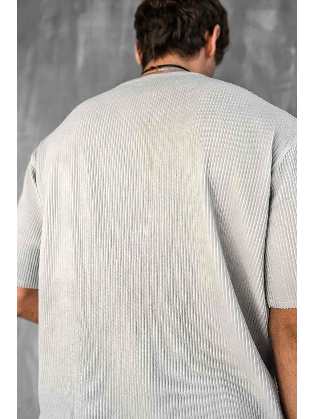 Erkek Yıkamalı Fitilli Oversize Tişört Gri-5