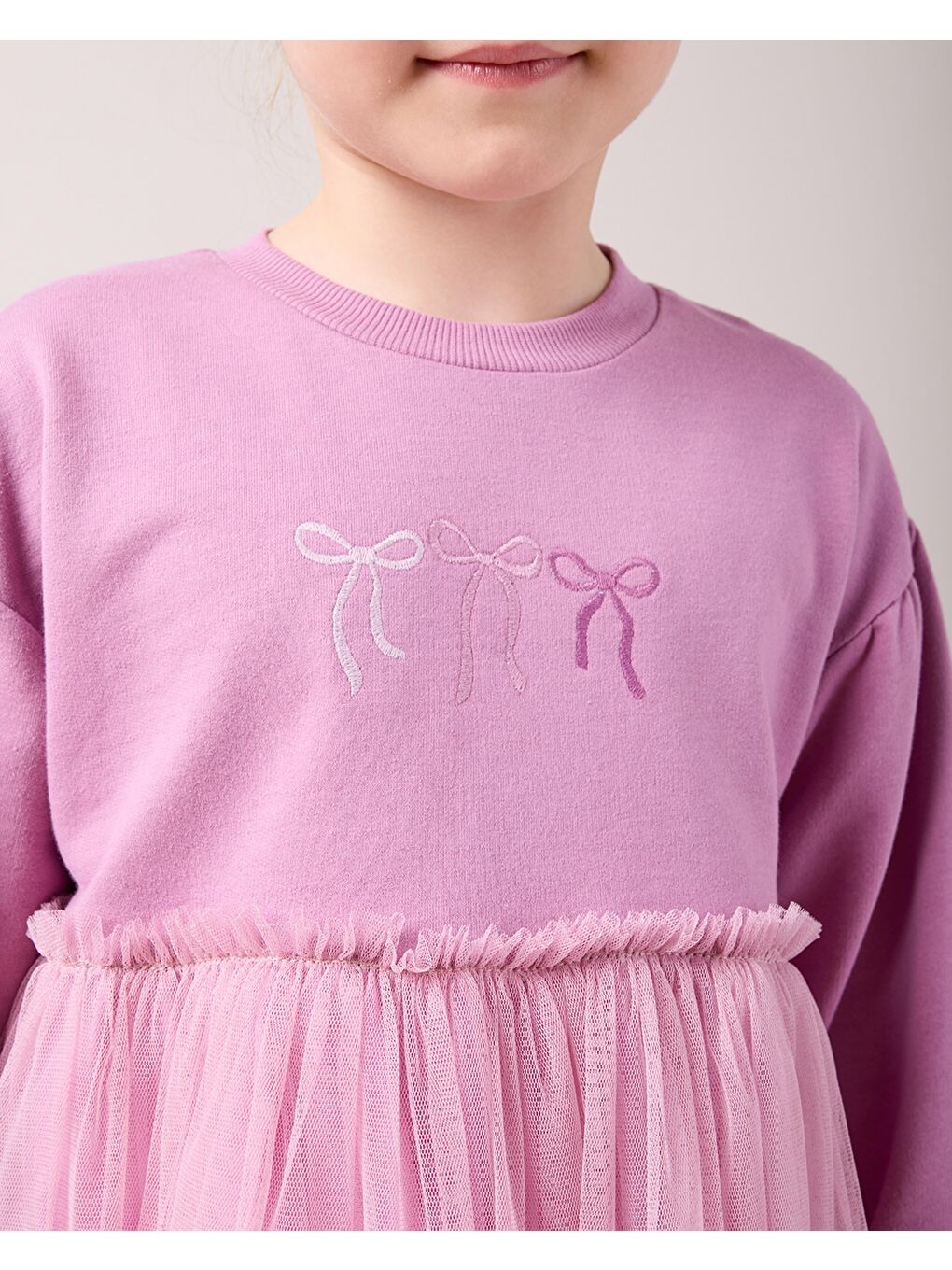 Karışık Kız Çocuk Pamuklu Lila Fiyonklu Nakışlı Tül Etek Elbise Takım - Uzun Kollu-4
