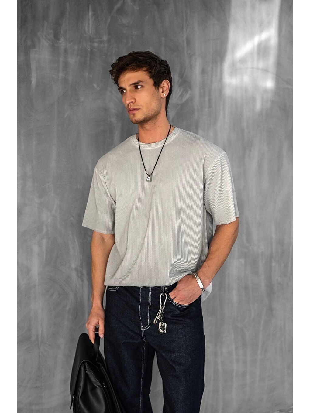 Erkek Yıkamalı Fitilli Oversize Tişört Gri-6