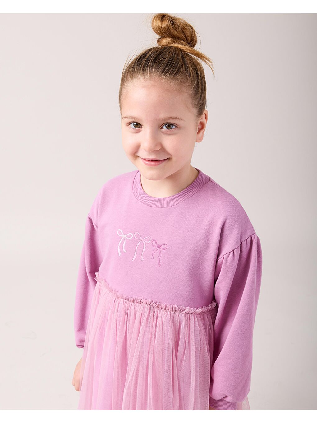 Karışık Kız Çocuk Pamuklu Lila Fiyonklu Nakışlı Tül Etek Elbise Takım - Uzun Kollu-5