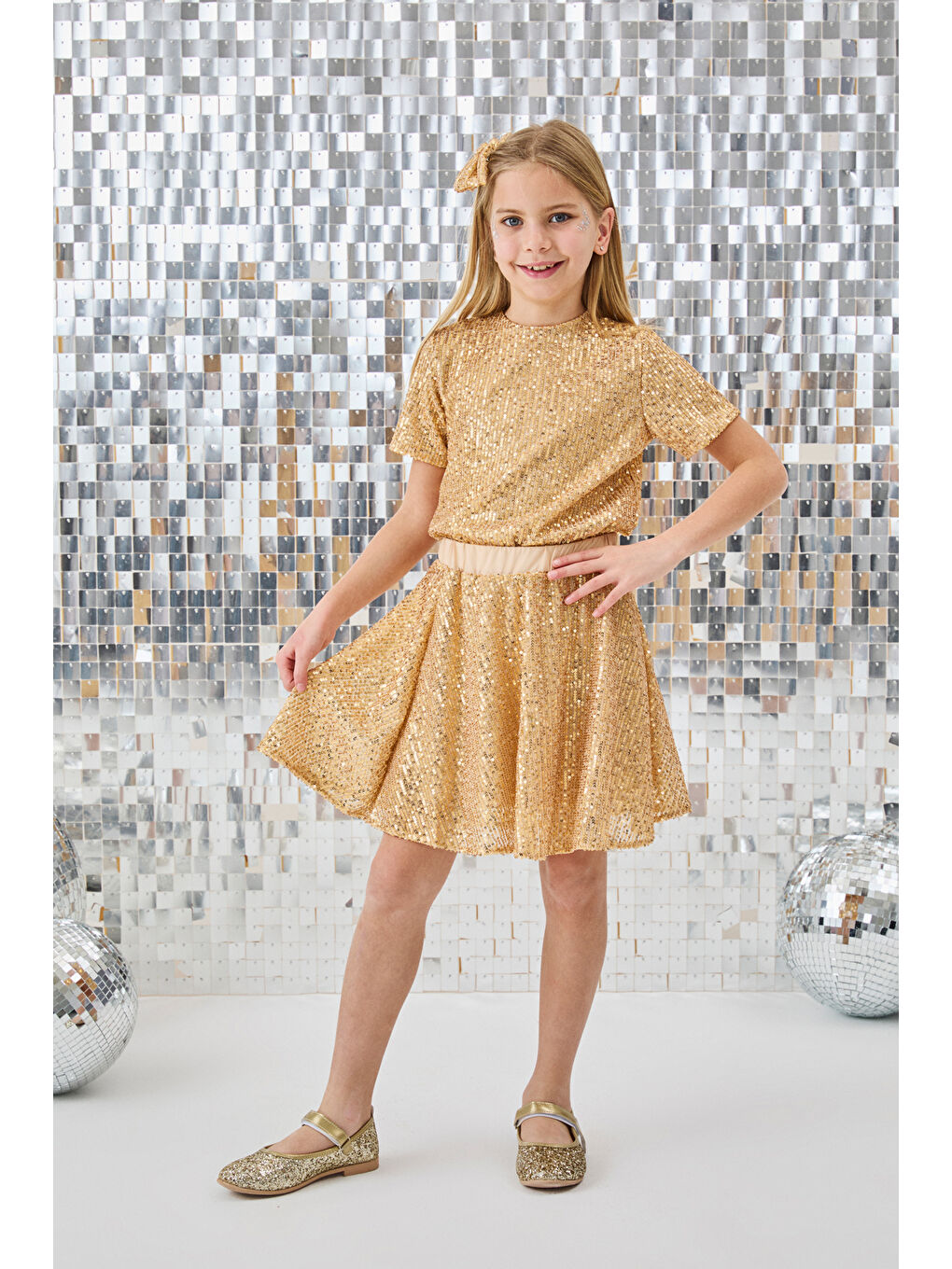 Sarı Altın Pul Payetli Kız Çocuk İkili Takım - Larina-1
