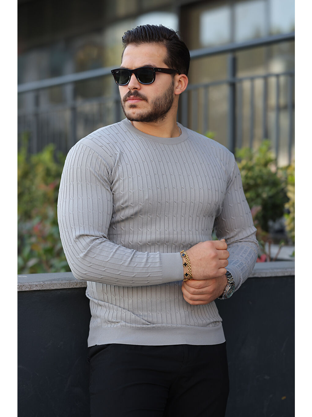 Erkek Bisiklet Yaka Uzun Kollu Gri Triko Kazak-1