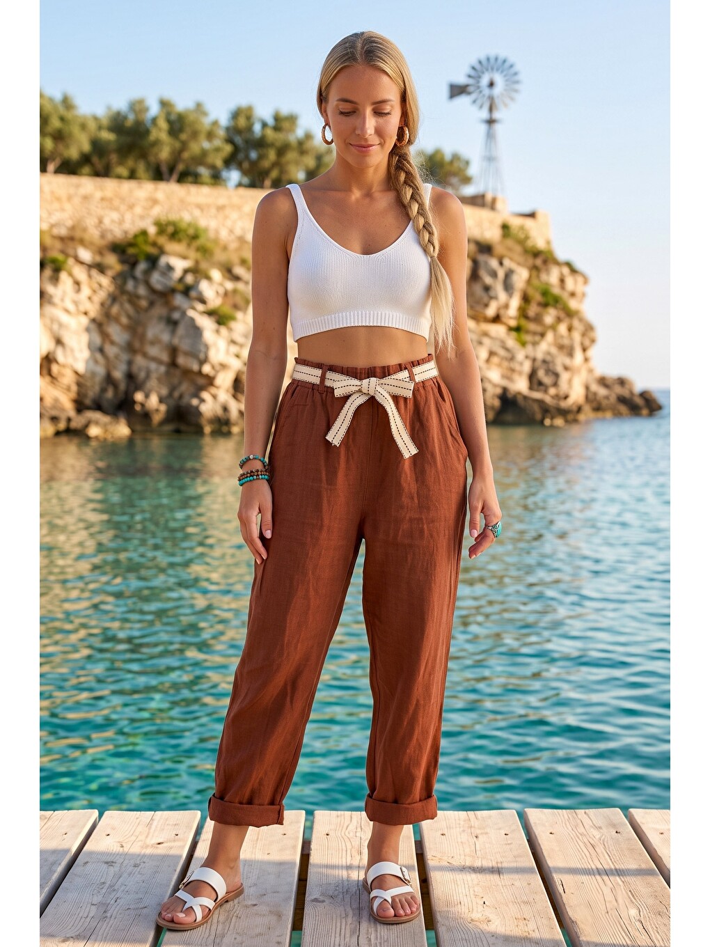 Kahverengi İtalyan Tarçın Rengi Cepli Kemerli Lastikli Bel Şalvar Paça Casual 100% Keten Dokuma Pantolon 85 60-5