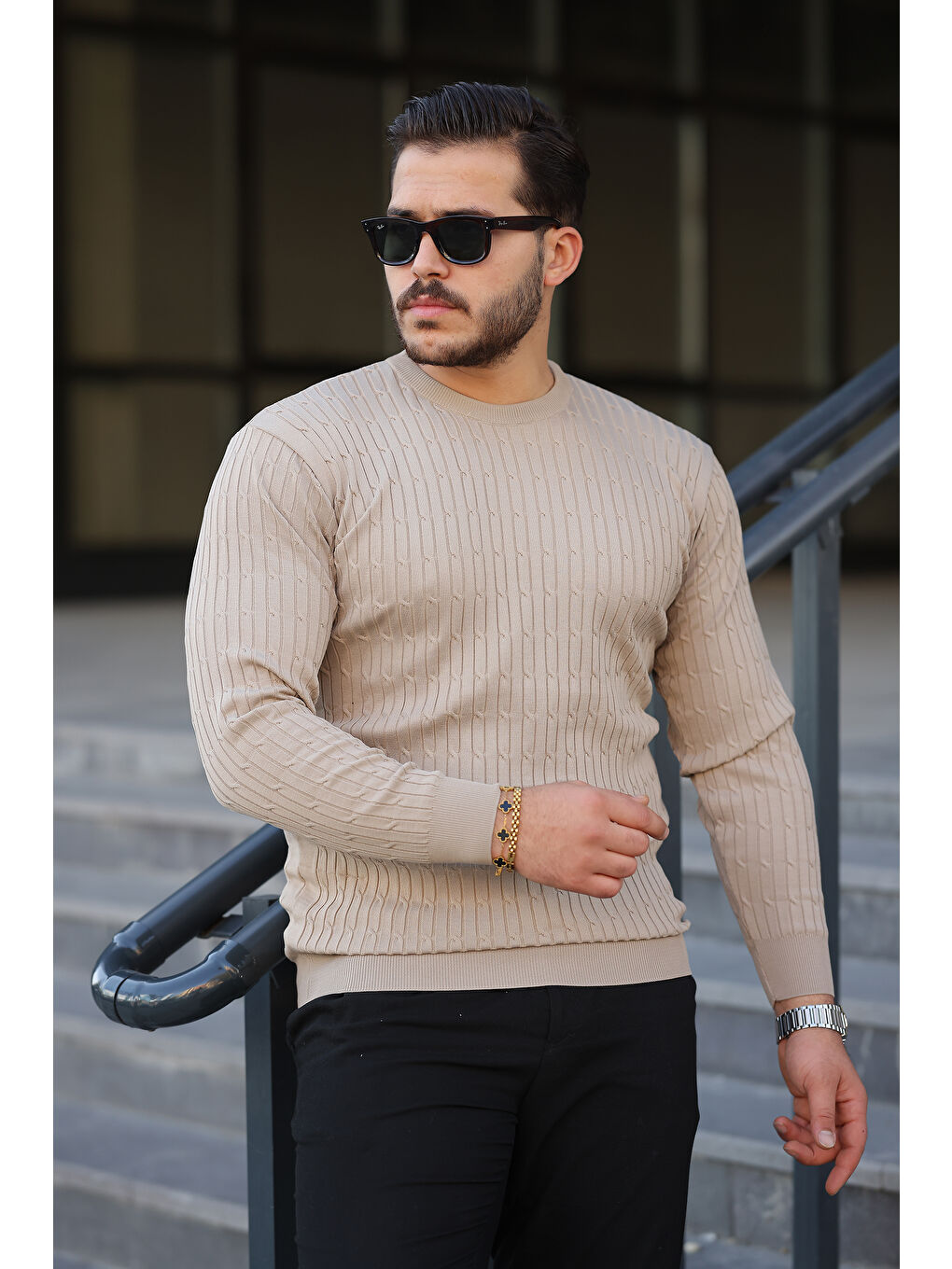 Bej Erkek Bisiklet Yaka Uzun Kollu Taş Triko Kazak