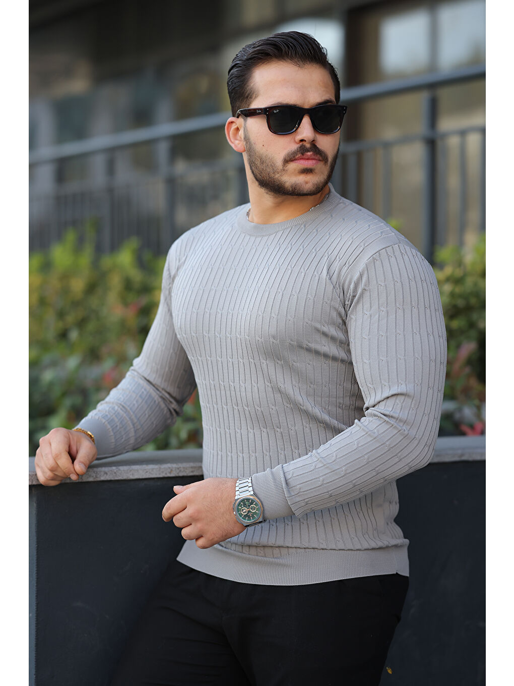 Erkek Bisiklet Yaka Uzun Kollu Gri Triko Kazak-3