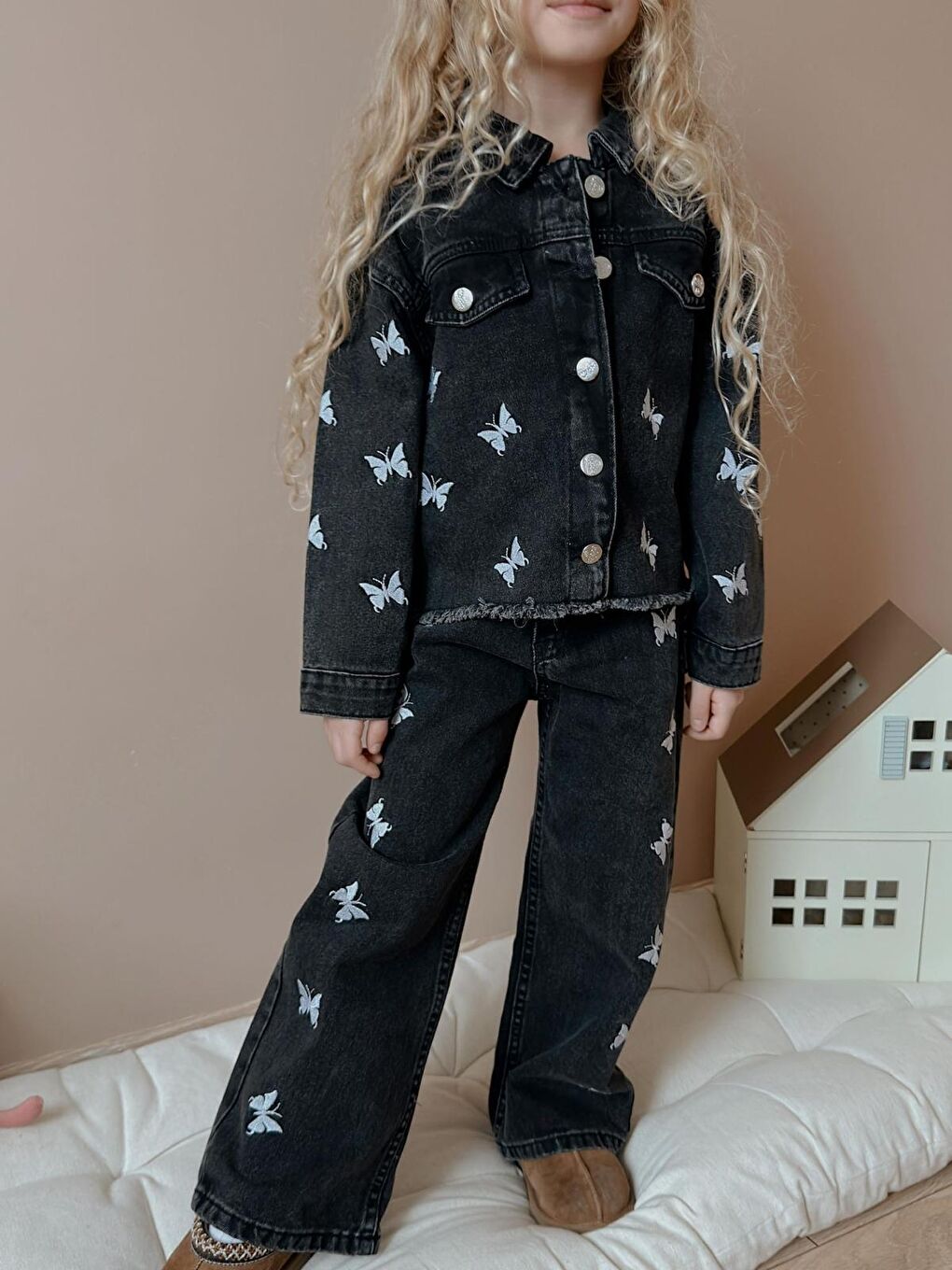 Kız Çocuk Kelebek Baskılı Siyah Jean İkili Takım Ceket Pantolon-1