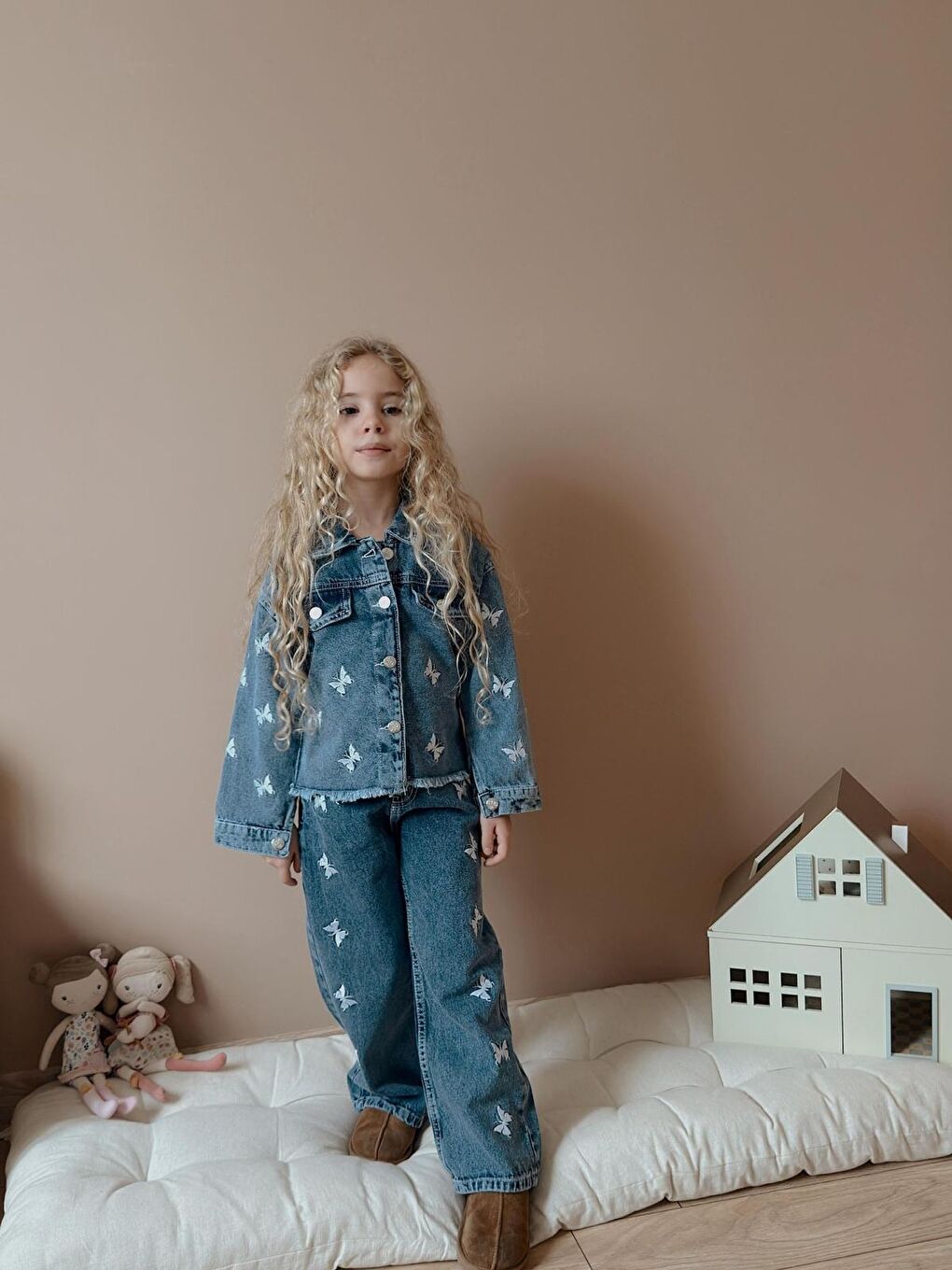 Kız Çocuk Kelebek Baskılı Lacivert Jean İkili Takım Ceket Pantolon-1