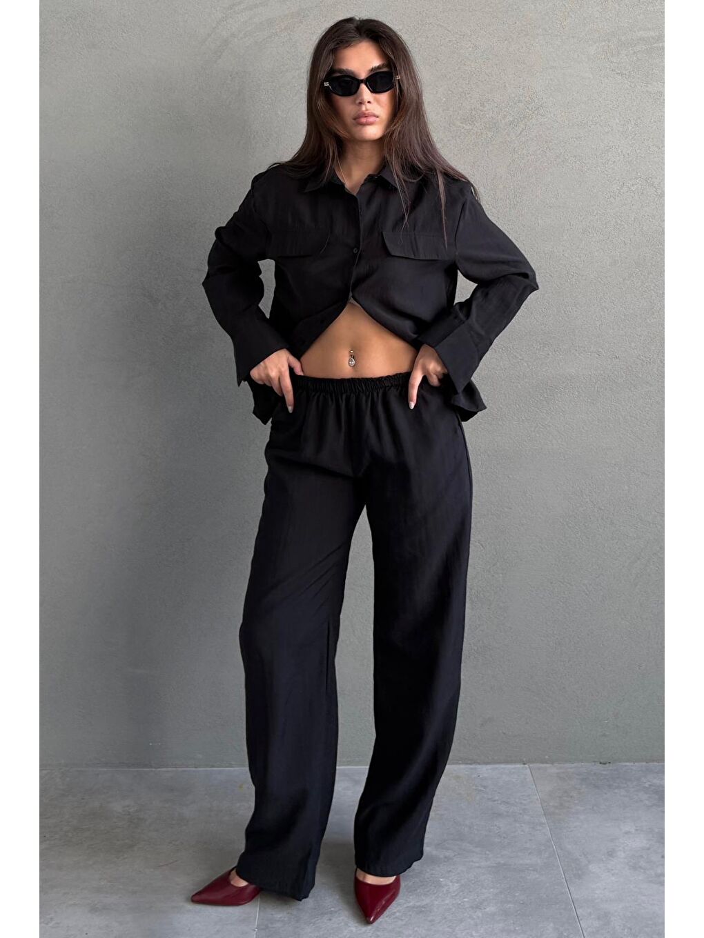 Siyah Kumaş Düğmeli Kadın Gömlek Takım Mg2621-1