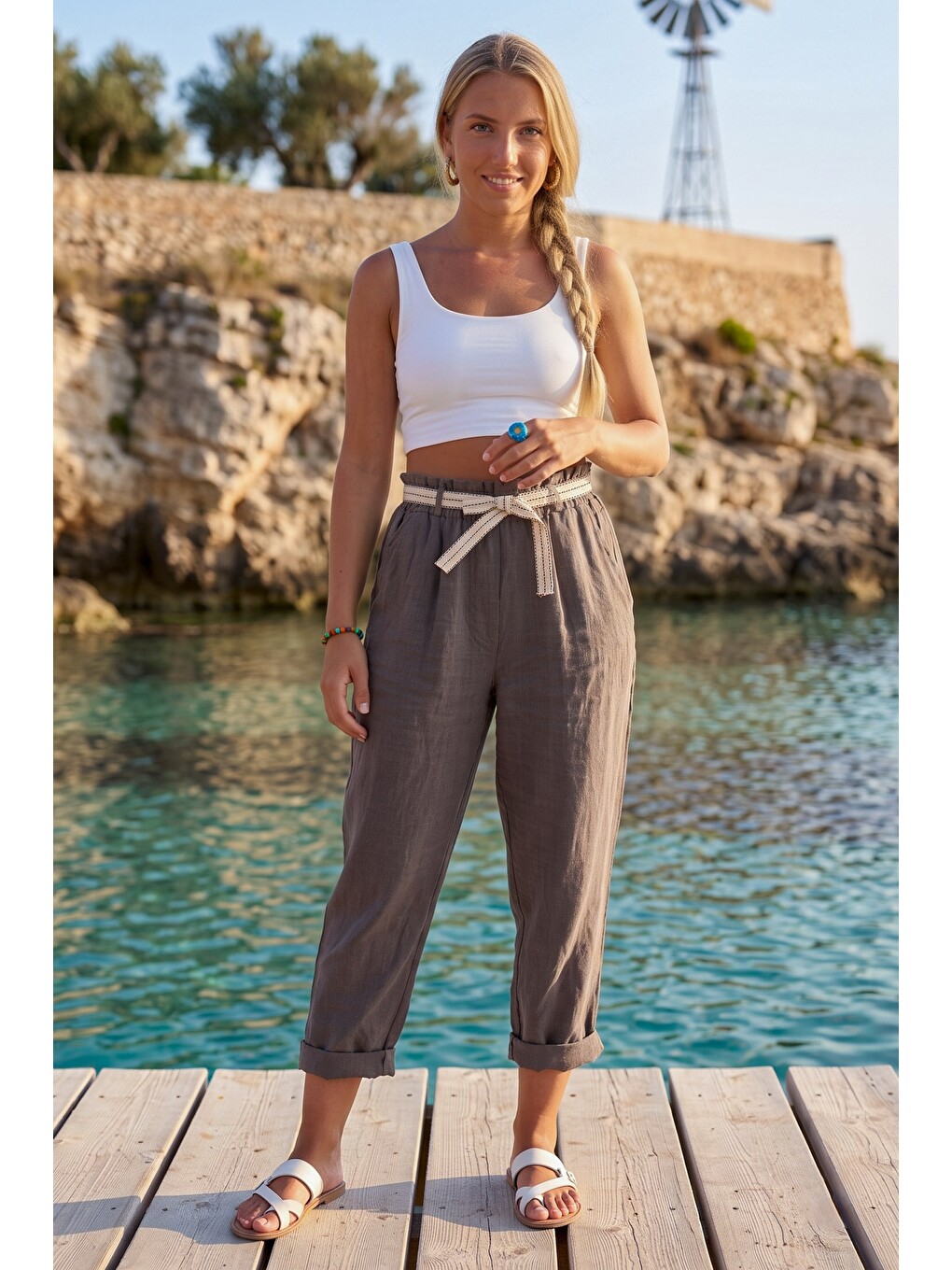 Bej İtalyan Vizon Cepli Kemerli Lastikli Bel Şalvar Paça Casual 100% Keten Dokuma Pantolon 85 60-3