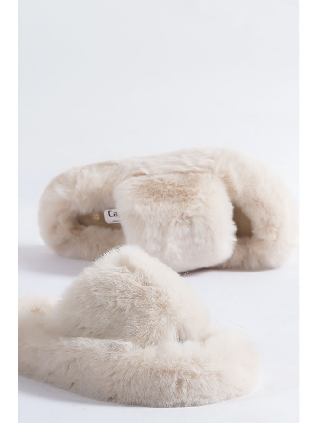 Ekru Pelüş Tüylü Kadın Ev Terliği-3