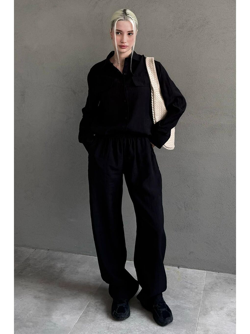 Siyah Kumaş Düğmeli Kadın Gömlek Takım Mg2621-4