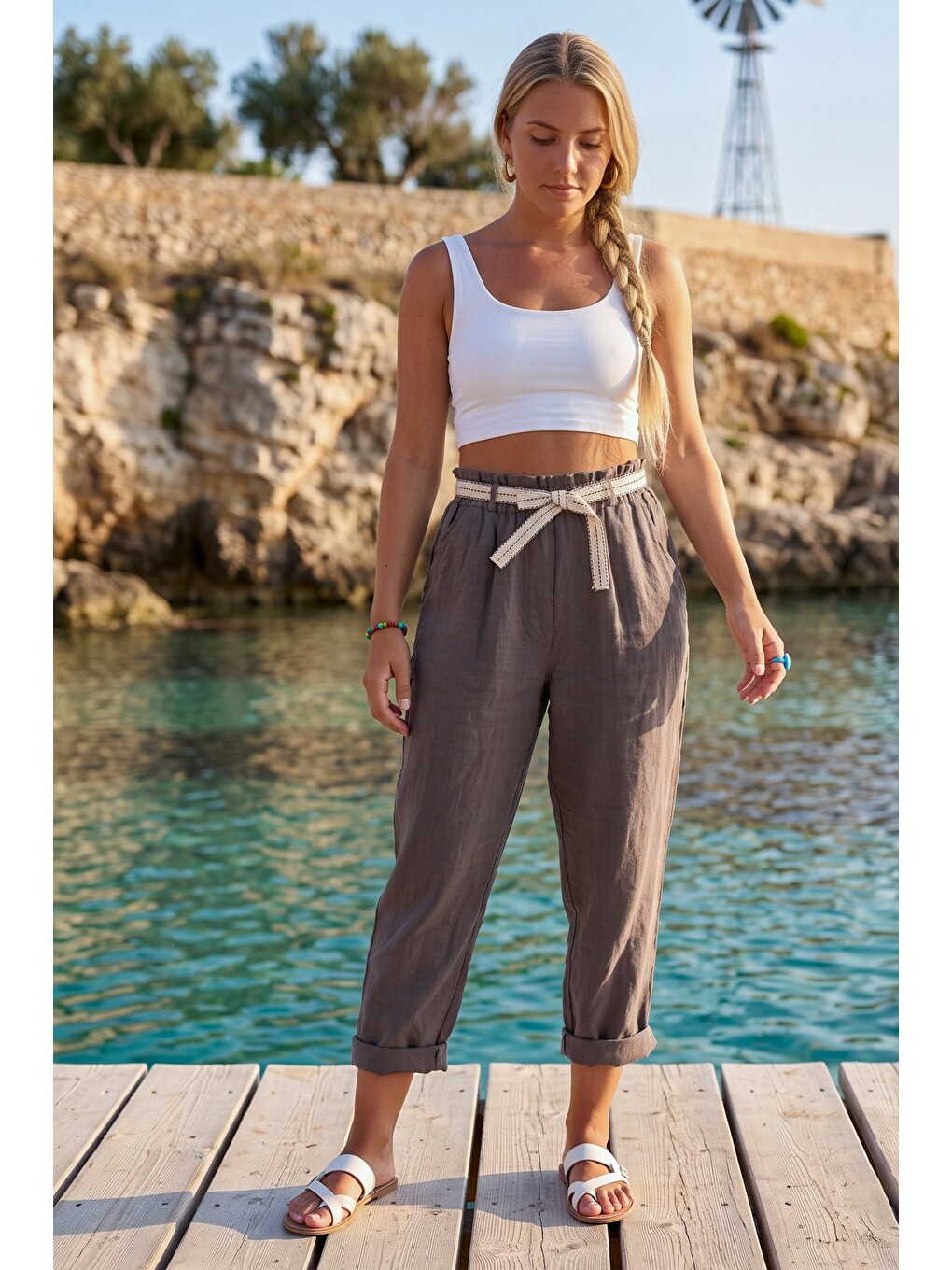 Bej İtalyan Vizon Cepli Kemerli Lastikli Bel Şalvar Paça Casual 100% Keten Dokuma Pantolon 85 60-4